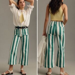 Maeve The Colette Green and White Striped Wide-Leg Cropped Pants Sz 26 Unique